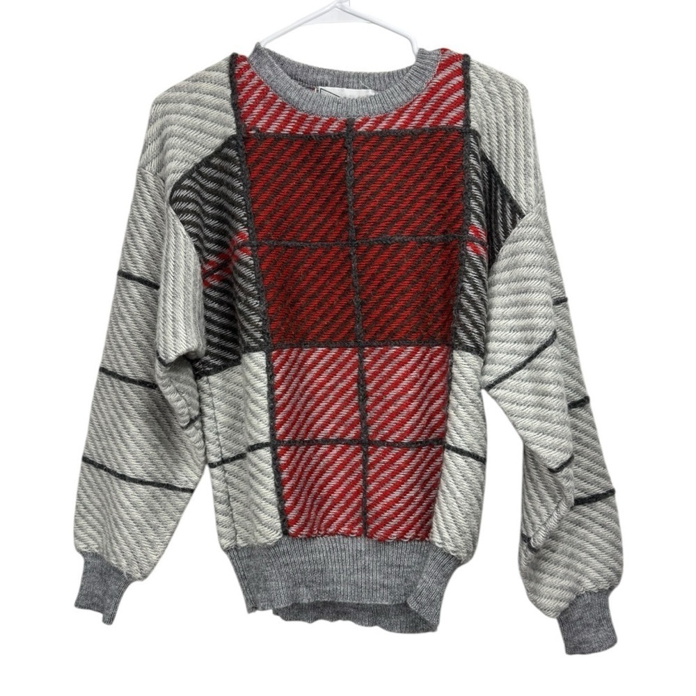 Vintage 90s Cty Size Large Grandpa Pullover Sweater 3D Red Gray Black Preppy